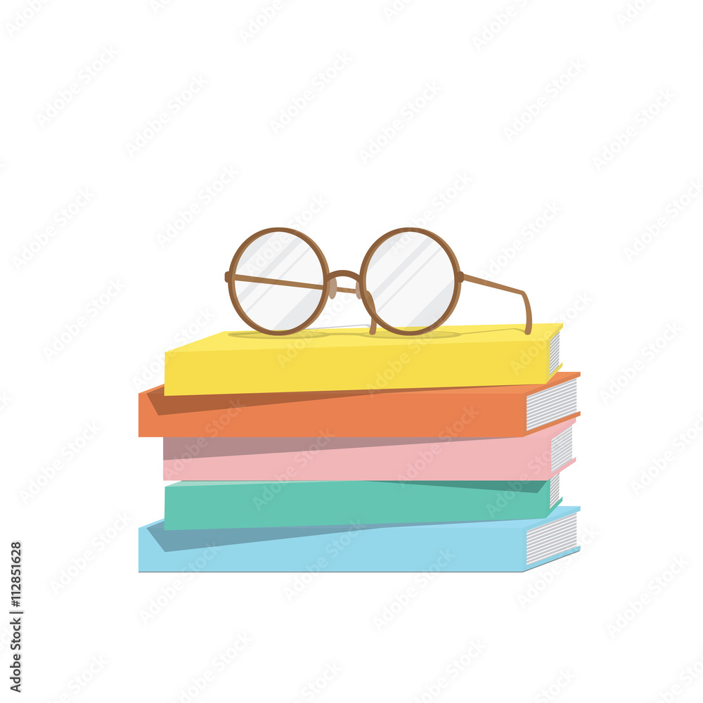 Naklejka premium Eyeglasses on top stack books vector.
