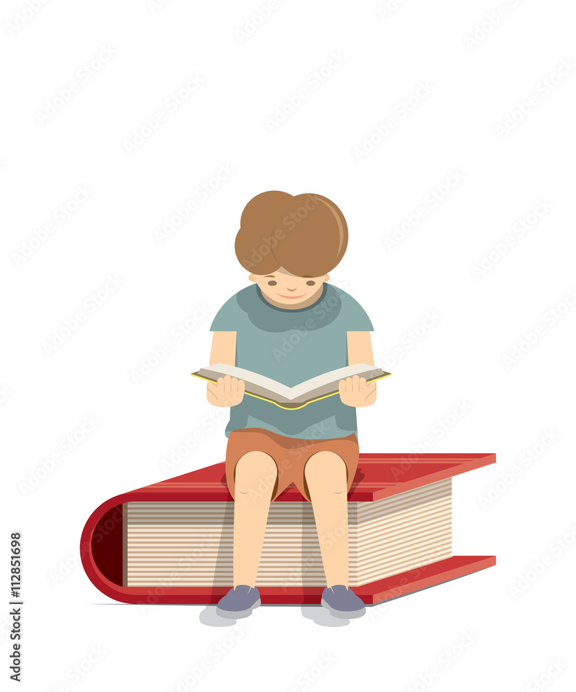 Boy reading a book on a red book White background, illustration Boy reading a book on a red book White background, illustration