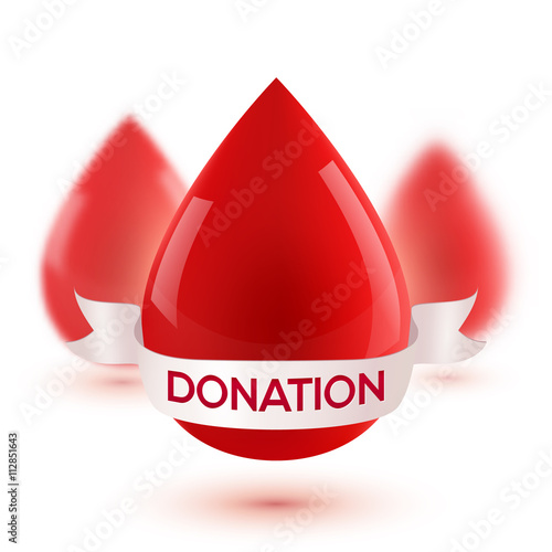Red realistic blood drops with white ribbon and donation sign