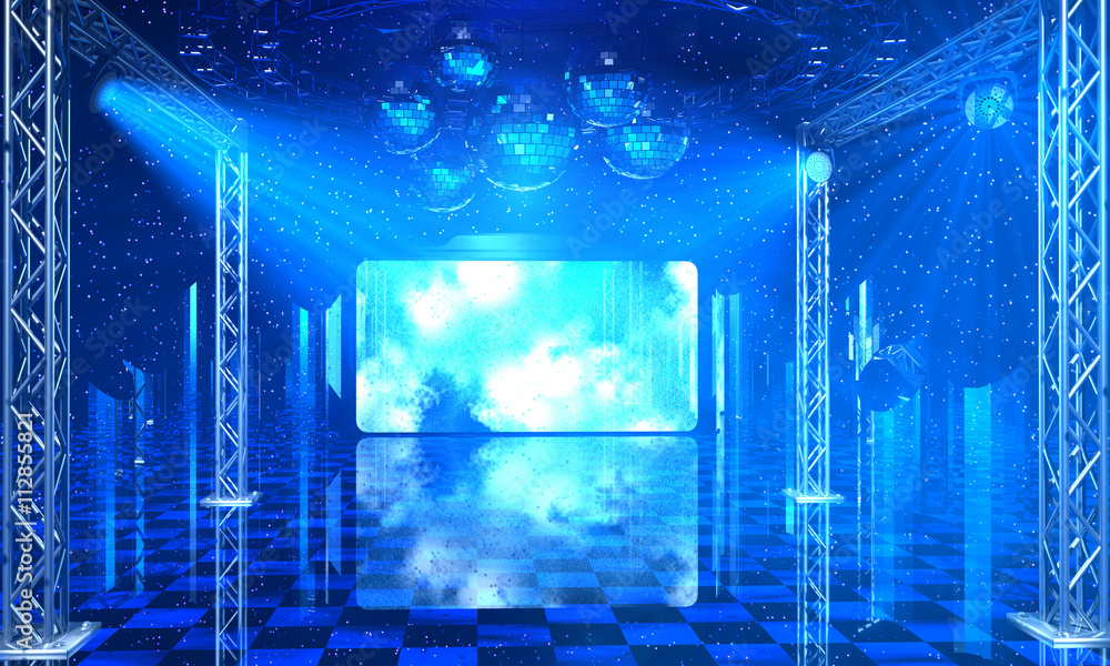 Disco party interior background with blue light rays, chrome scaffold  lattice and shining screen. 3d render. Stock Illustration | Adobe Stock
