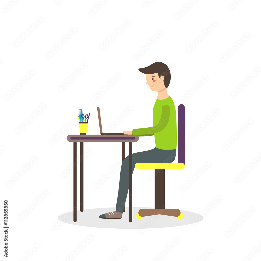 Flat style man, student sitting on the chair with laptop Flat style man, student sitting on the chair with laptop