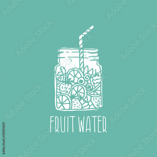 Hand drawn logo with fruit water in mason jar with berries. Vect