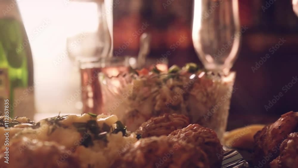 Decorated table with Glass of wine with food on table in slowmotion. 1920x1080 Decorated table with Glass of wine with food on table in slowmotion. 1920x1080