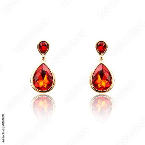 Pair of ruby diamond earrings isolated on white
