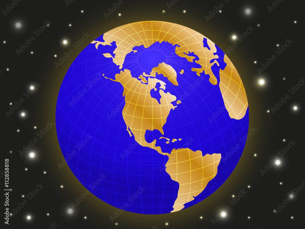 planet earth is blue with continents in gold tones on a background of space and stars
