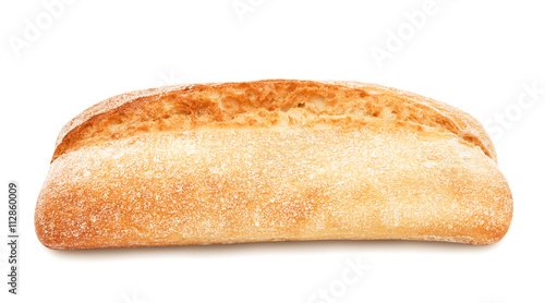 Freshly baked loaf of traditional italian bread ciabatta isolated on white background. Design element for bakery product label, catalog print, web use.