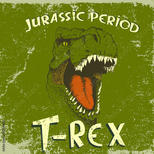 Vintage label with angry face of T-Rex