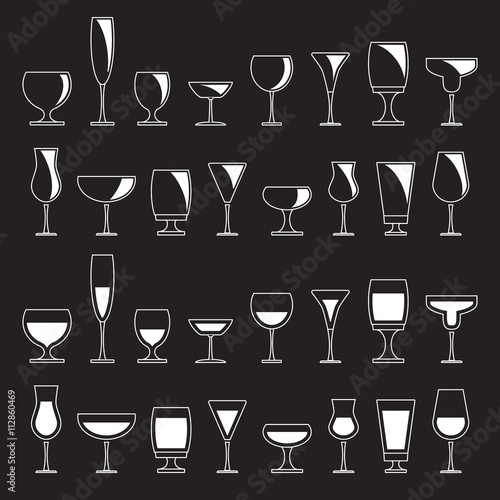 Collection of various drink glasses, icons set, white isolated on black background, vector illustration.