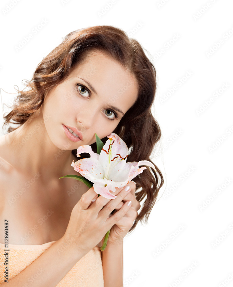 Portrait of attractive woman with white lily. Portrait of attractive woman with white lily.