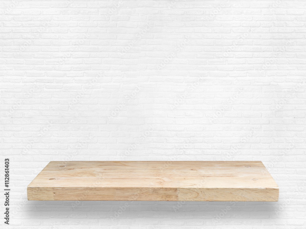 wooden shelf on white brick wall background Stock Photo | Adobe Stock