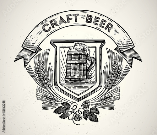 Mug of beer in a graphic style and elements of the branches of hops. Craft beer label.