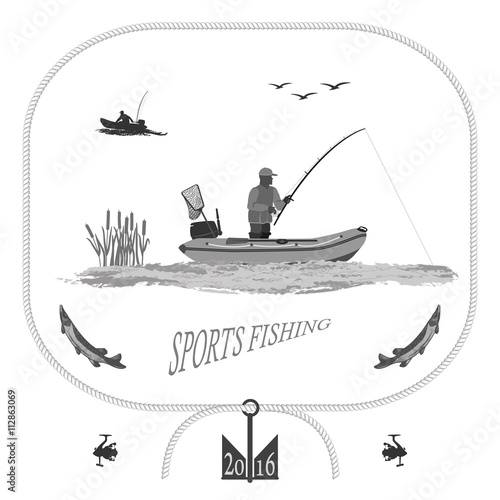   A fisherman in a boat fishing, silhouette. A rubber boat, near spinning and landing net. fish called Pike. Gull and bulrush
  totally vector illustration