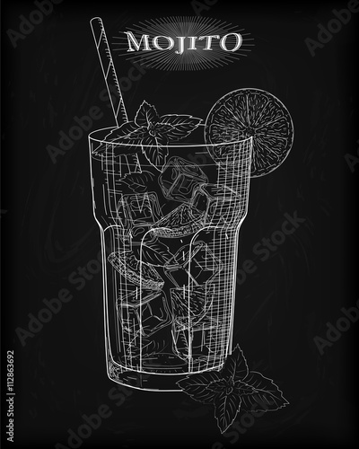 Nice mojito of ice cold glass on a black background. Soda with w