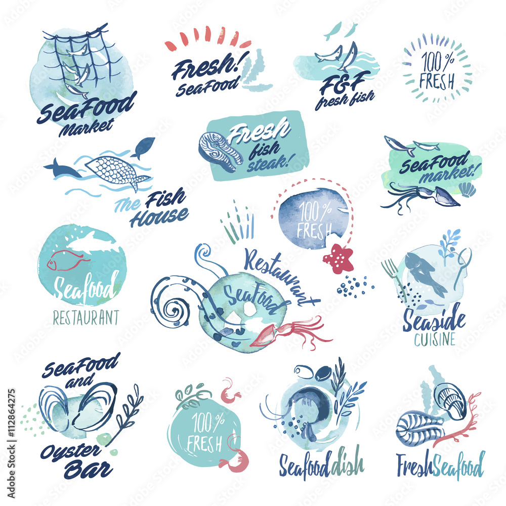 Set of hand drawn watercolor labels and badges of seafood. Vector illustrations for menu, food and drink, restaurant and fish market.