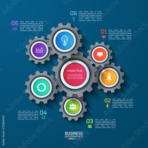 Vector infographic template with gears and world map. Business and industry concept with 6 options, parts, steps, processes.