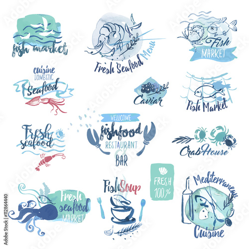 Set of hand drawn watercolor labels and elements of seafood. Vector illustrations for menu, food and drink, restaurant and fish market.