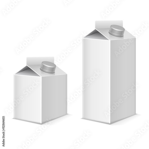 Paper milk and juice product packaging containers vector mockups set. Package paper for beverage,  model package for milk or juice illustration