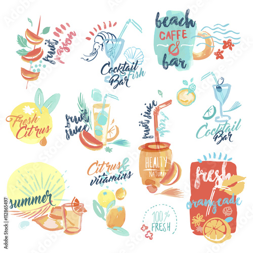 Hand drawn watercolor labels and stickers of fresh fruit juice and drinks. Vector illustrations for menu, food and drink, restaurant and cocktail bar, summer refreshment, fruit, summer holiday.