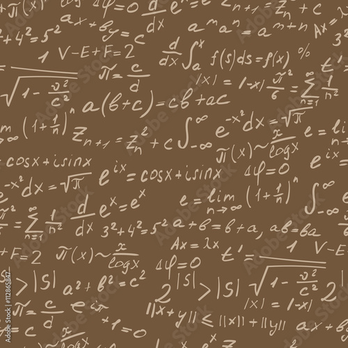 Seamless background on the topic of mathematical theorems  symbols  and formulas  light contour on a brown background