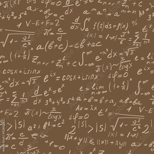 Seamless background on the topic of mathematical theorems, symbols, and formulas, light contour on a brown background