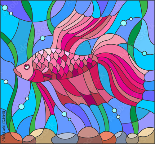 Photography Illustration in stained glass style with red fighting fish on the background of