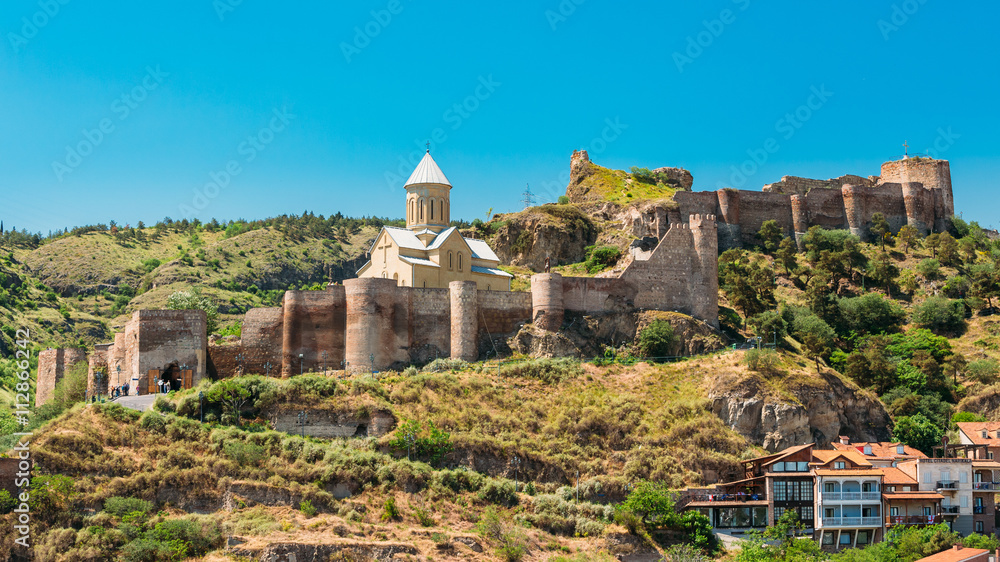 Scenic View Of Narikala Fortress And Bethlehem Church In Tbilisi