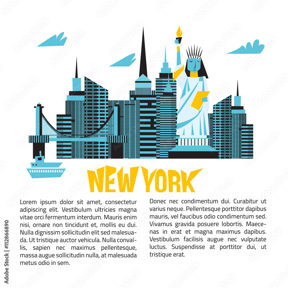 Manhattan USA skyline silhouette cartoon design vector illustration.
