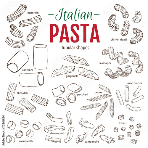 Set of hand drawn Italian pasta. Tubular shapes. Hand drawn vector illustration. Sketch style
