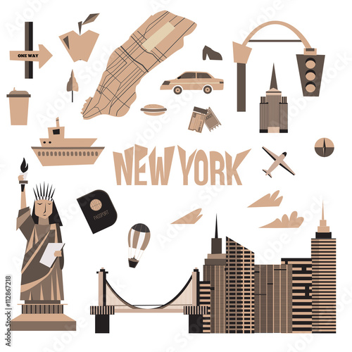 Vector set of Vintage New York city icons in cartoon style. Statue of liberty, map, cityscape, taxi.