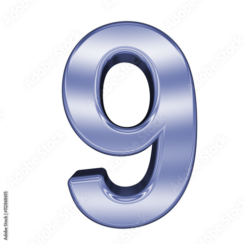 One digit from shiny blue alphabet set, isolated on white. 3D illustration.