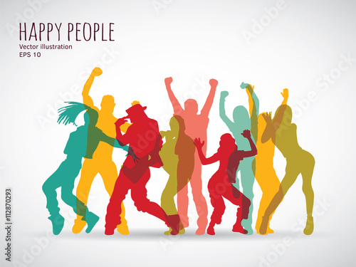 Happy people group shadow color silhouette.