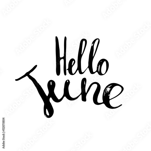 Hello june lettering print poster. Summer inspirational illustration. Isolated hand drawn calligraphy on white background.