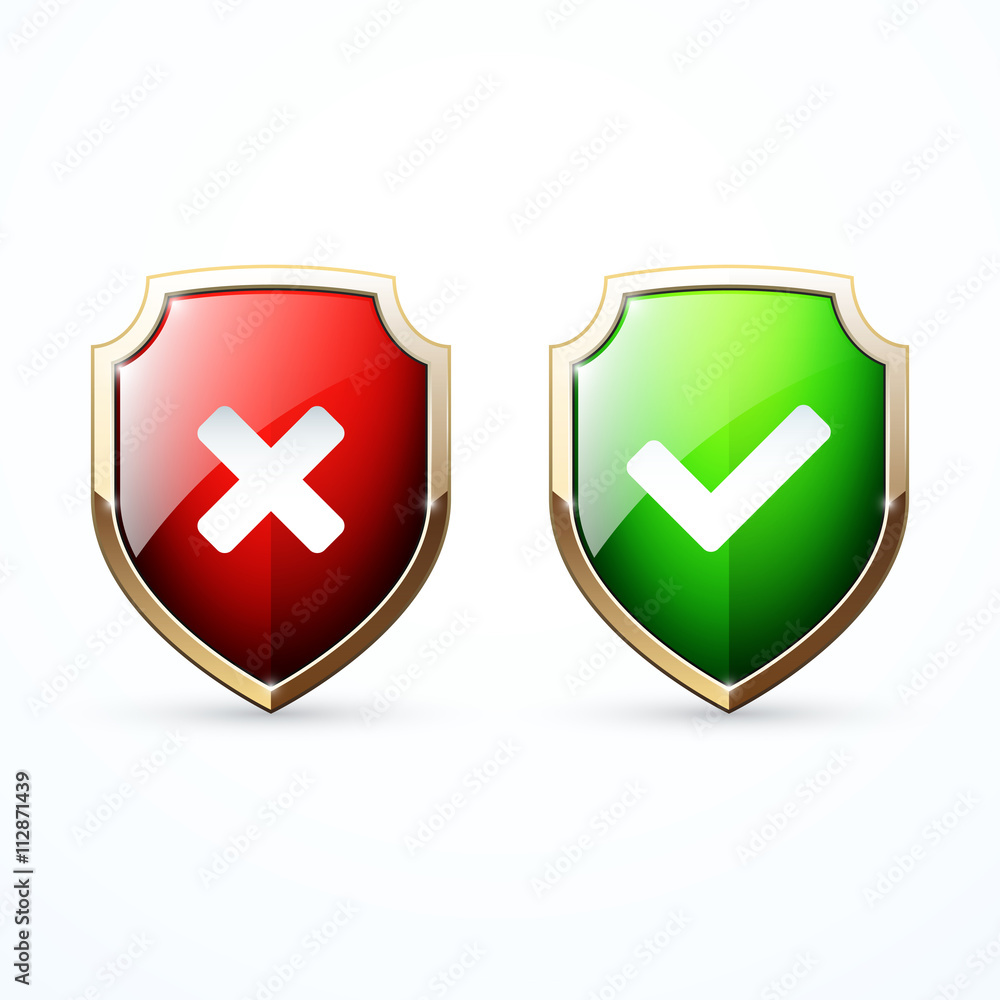 Set of gold shields with check marks Set of gold shields with check marks