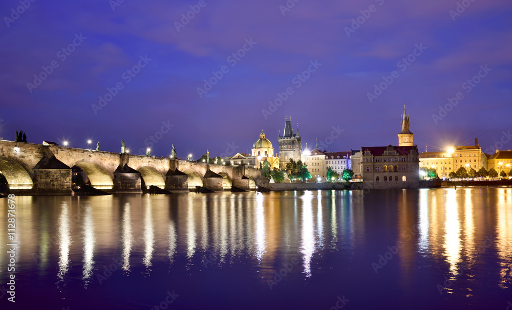 Fantastic night view of the Charles Bridge in Prague, Czech Repu