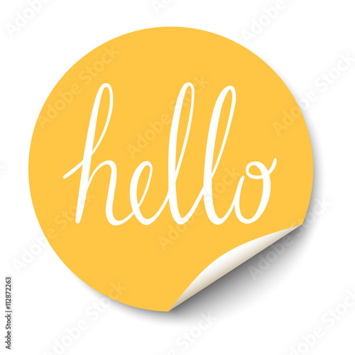 Vector circle sticker with curled corner and hello text inside.