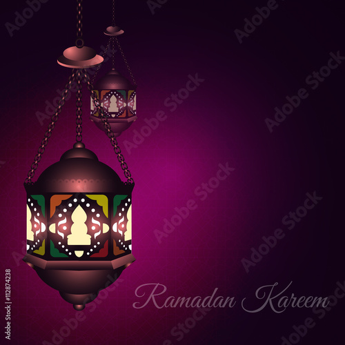 Illustration Ramadan Kareem Background with Lamps (Fanoos), Ramadan Kareem Crescents and Lights. Can be used as Ramadan Kareem greeting card. Vector