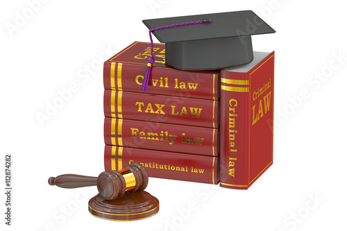 Graduation Hat with Judge Gavel and Books, Law Education Concept photo