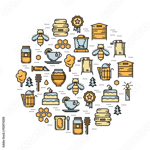 Round card with apiary thin line colored icons set. Bee, honey, hive, beekeper, jar, smoker, extractor, refractomoter and forest icons. Vector illustration.