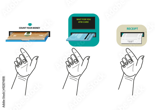 Hand removes money, atm card or official receipt from Automated Teller Machine or ATM. Editable Clip Art.
