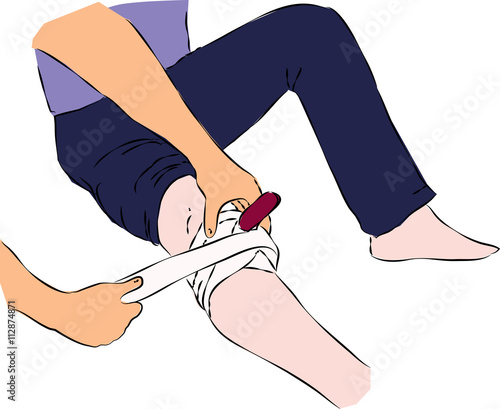 First aid - bandaging with band wound with knife in leg