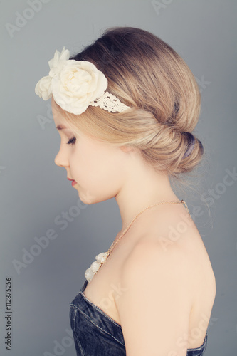 Young Girl. Profile. Blonde Hair with Bohemian Boho Chic Hairsty