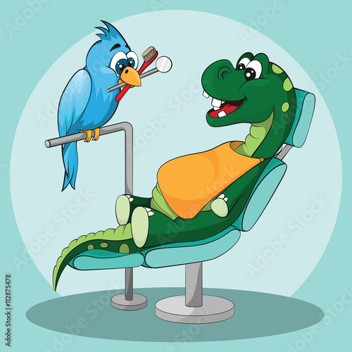 Dental care for kids. Happy dinosaur with dentist