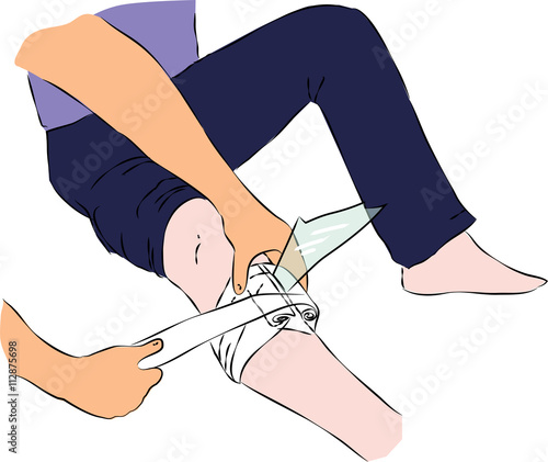 First aid - bandaging band wound of glass on leg