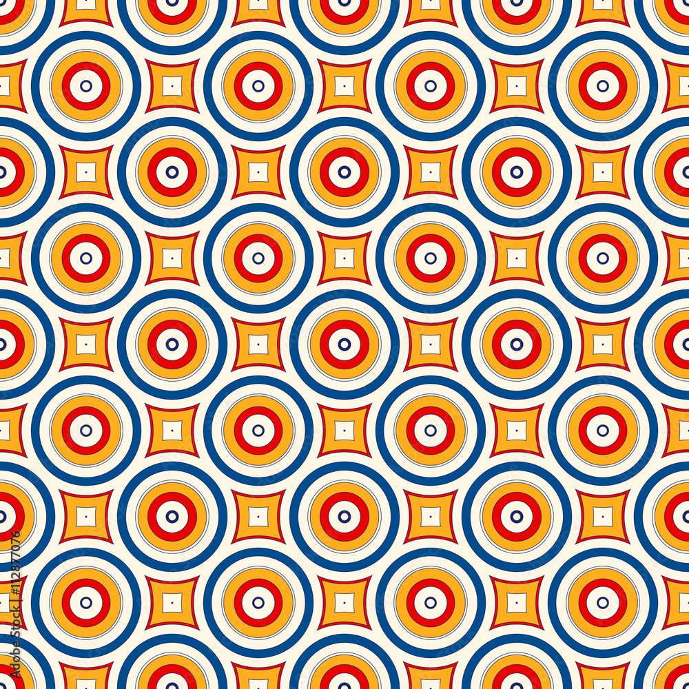 Seamless pattern with symmetric geometric ornament. Abstract background with colorful round vortexes.