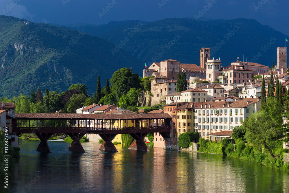 Panoramic view of the town of Bassano del Grappa and its famous wooden bridge