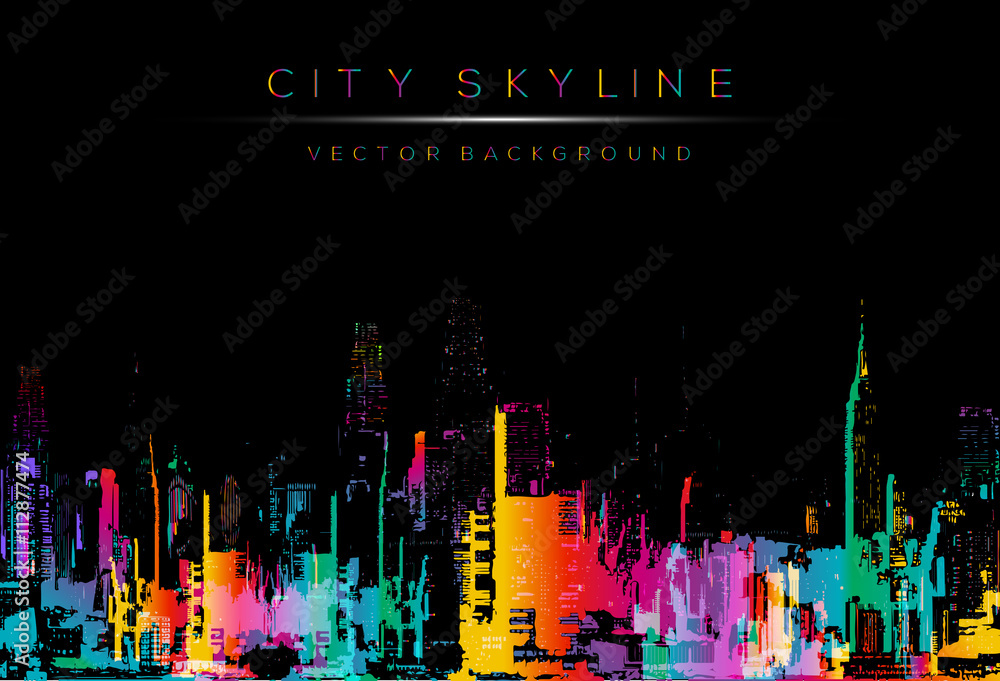 Fototapeta wektor styl runge, kolorowe miasto noc ilustracja panoramę.