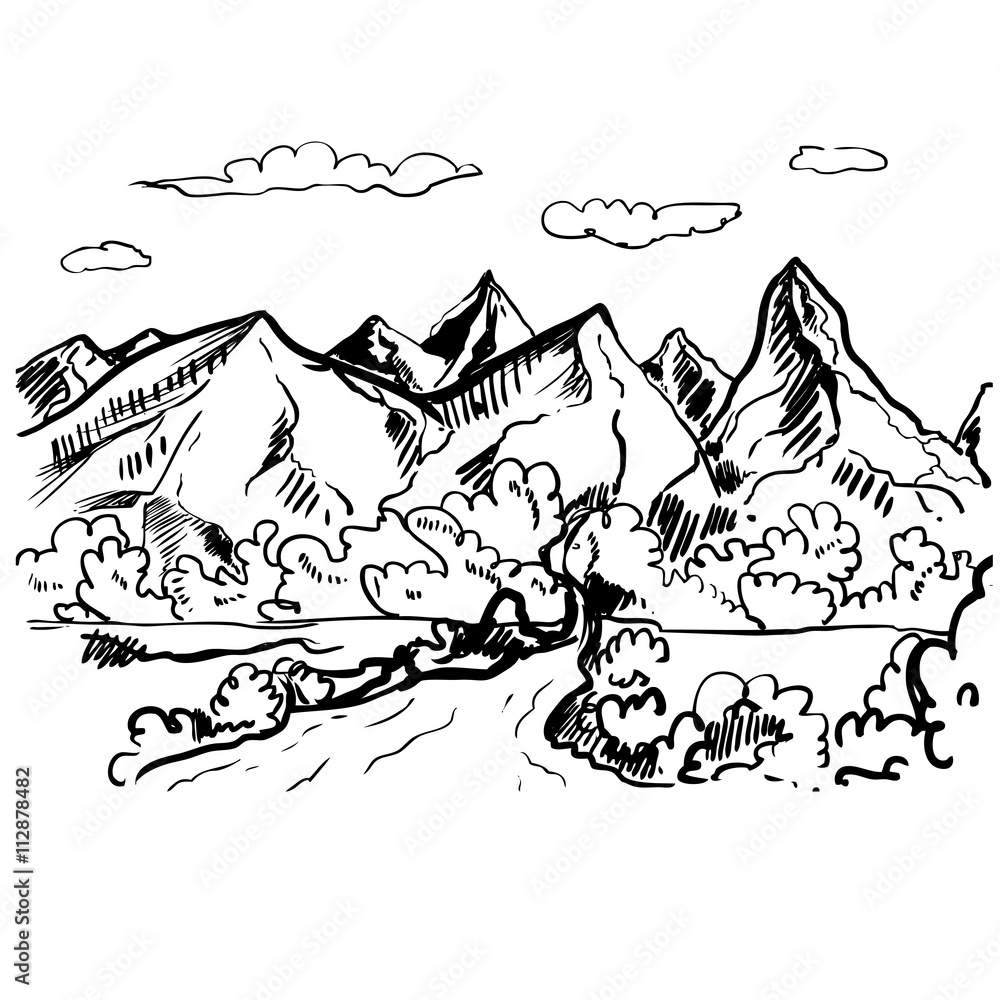 Hand drawn landscape with mountains. vintage illustration. vector eps 8