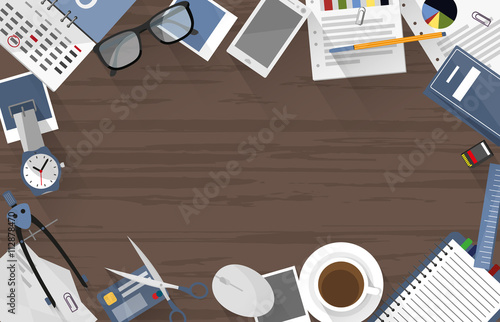 office desk with many objects