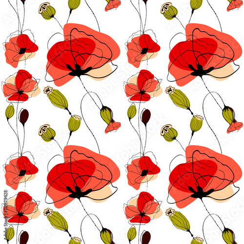 Fototapeta Naklejka Na Ścianę i Meble -  Poppy flowers and capsules seamless pattern