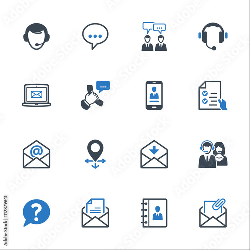 Contact Us Icons Set 1 - Blue Series. Set of icons representing customer assistance, customer service and support.
